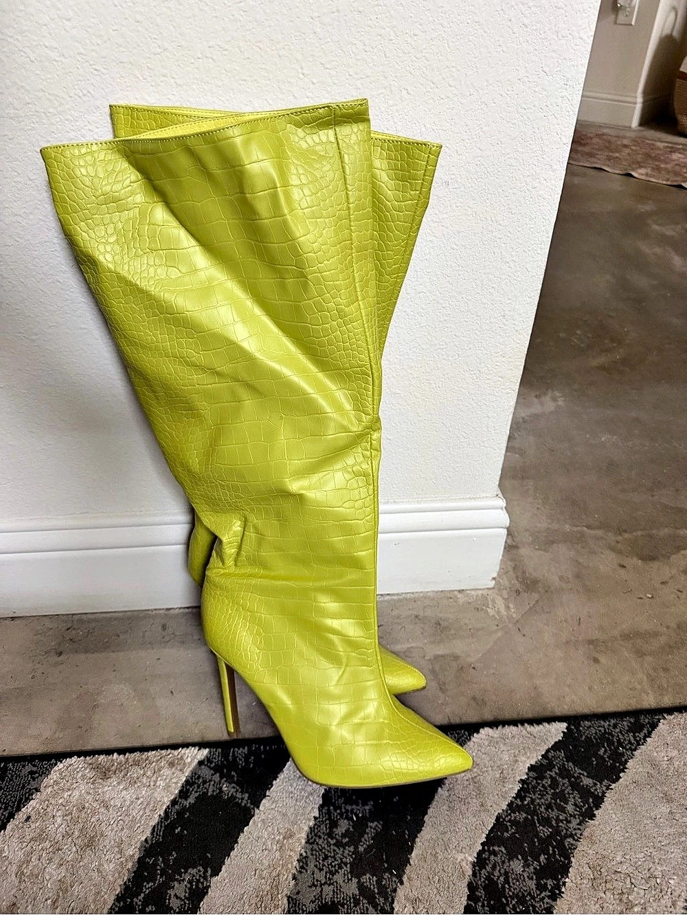 Crocodile-Embossed Over-the-Knee Boots in Lime